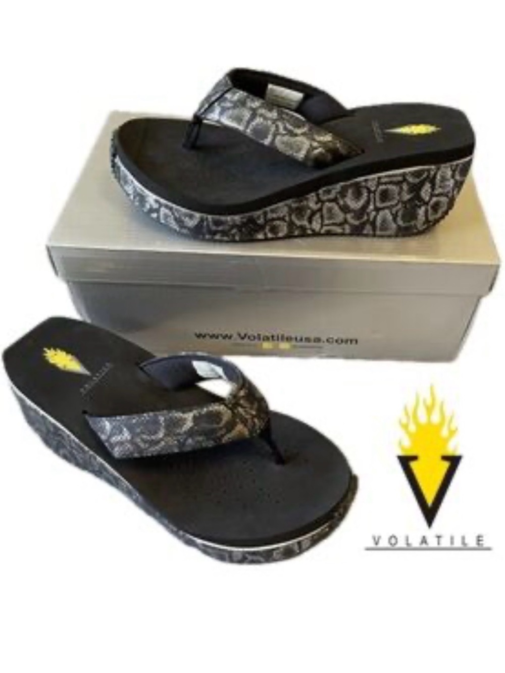 Volatile Black Snake-Print Wedge Sandal